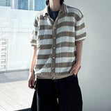 WIAOFELLAS  -  Fashion Summer Men's Striped Contrast Color Knit Sweater Trendy Casual Single-breasted Lapel Short Sleeves Tops Male