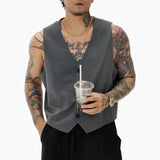 WIAOFELLAS  -  Mens Vest Sleeveless Retro Urban Layering Piece Suit Vest Slim Fit Vintage Essential Gray Waistcoat Trendy Button Unisex Vest