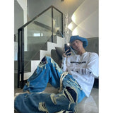 WIAOFELLAS  -  Distressed Brushed Jeans Men Niche High Street Straight Trousers