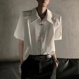 WIAOFELLAS  -  Niche Design Men's Shirts Turn-down Collar Metal Zipper Short Sleeved Loose Clothing Shoulder Padded Male Tops