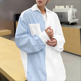 WIAOFELLAS  -  Men Shirt Striped Patchwork Lapel Long Sleeve Men Clothing Streetwear Korean Style Fashion Oversize Shirts Casual Tops
