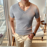 Wiaofellas  -  Men Summer Knit Sweater Ice Silk Korean Fashion Style Slim Fit V Neck Pullover V Neck Hollow Out Thin Streetwear Clothing