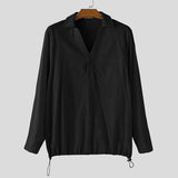 WIAOFELLAS  -  Men Shirt Solid Color Long Sleeve Koran Style Casual Men Clothing V Neck Streetwear Drawstring Shirts Fashion Male Tops