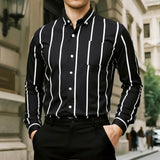 Wiaofellas  -  Men's Casual Striped Print Long Sleeve Shirt Turn-Down Collar Lightweight Business Daily Tops