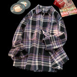 WIAOFELLAS  -  Autumn Oversized Plaid Shirt Retro Long Sleeve Single-breasted Cardigan Loose Fit Turn-down Collar Shirt Men Women Blouse