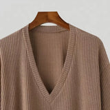 WIAOFELLAS  -  New Summer Men's Vintage Solid Ribbed T-Shirts Trendy V-Neck Knitted Loose Elasticity T-shirt Fashion Men Half Sleeve Tees