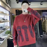 WIAOFELLAS  -  Autumn Winter New Solid Casual Thick Sweater Men's Pullover Printed Pinstripe Round Neck Long Sleeve Trendy Bottom Knitted Tops
