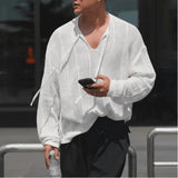 WIAOFELLAS  -  Korean Lazy and High-end Solid Color Versatile Long-sleeved Thin Sweater V-neck Tether Hollow Sweater Top Men