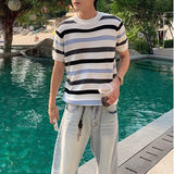 Wiaofellas  -  Daily Casual Knitting Tops Mens Stylish Striped Knit Short Sleeve Pullover Men Vintage O Neck Knitted T Shirts Summer Tee
