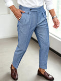 Wiaofellas  -  Italian Neapolitan Straight Leg Trousers, SS Woven Slub Double Pleated Coin Pocket Button Business Casual Formal Suit Pants