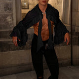 Wiaofellas  -  Men Shirt Solid Color Chiffon See Through Ruffle Irregular Shirts Men Cardigan Streetwear Sexy Fashion Party Camisa