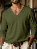 Wiaofellas  -  Autumn New Men's Plaid Pattern Jacquard Fabric V-neck Casual Sports Off-shoulder Sleeve Long-sleeved T-shirt