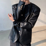 WIAOFELLAS  -  Spring And Summer New Men's Pu Leather Solid Color Suit Jacket Korean Retro Fashion Trend High Street Casual Slim Men's Tops