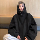 WIAOFELLAS  -  Men Hong Kong Style Thin Hoodie Loose Casual Button Design Sense Spring Autumn Solid Color Hooded Pullover Top