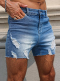 WIAOFELLAS  -  Men's blue denim shorts. The ripped and worn style is popular.