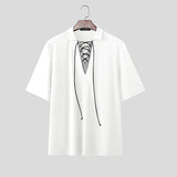 Wiaofellas  -  Men Shirt Lapel Short Sleeve Patchwork Lace Up Casual Men Clothing Streetwear Korean Style Summer Fashion Male Tops