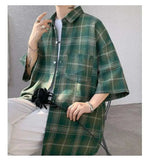 WIAOFELLAS  -  Trendy Vintage Men's Plaid Short Sleeved Casual Trousers Fashion Summer Single-breasted Turn-down Collar Shirts Male