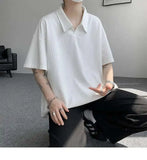 WIAOFELLAS  -  Trendy Summer Men‘s Solid Color Ice Silk Casual T-shirts New Fashion Turn Down Collar Short Sleeve Loose Tops Male