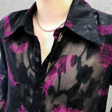 Wiaofellas  -  Mens Casual Sexy See-through Shirt  New Genderless Fashion Feather Embroidery Nightclub Crazy Lace Hollow Long Sleeve Top