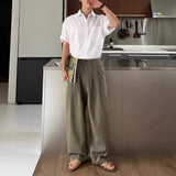 WIAOFELLAS  -  Men Trousers Linen Retro Army Green Casual Pants Autumn Japanese Style Simple Daily Versatile Wide-Leg Pants Men'S Clothing