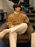 WIAOFELLAS  -  Korean fashion brand retro color-blocking round neck sweater men's autumn and winter loose versatile thickened sweater jacket