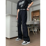 WIAOFELLAS  -  Spring Autumn Vintage Asymmetrical Waist Hole Straight Jeans Mens Loose Denim Pants Casual Wide Leg Pants Streetwear Jeans