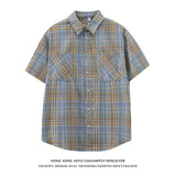 Wiaofellas  -  Blue Plaid Short Sleeve Shirt Men's Summer Cleanfit Half Sleeve Top Cool Handsome Five Sleeve Shirt Loose Fit Moisture Wicking