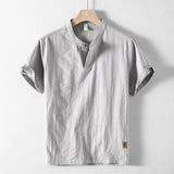 Wiaofellas  -  Summer New Men's Short Sleeve Shirt Small Stand Collar Retro Casual Loose Half Sleeve Shirt Trendy Polyester Fiber Iron Free