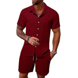WIAOFELLAS  -  Fashion Men Two Piece Sets Cardigan Short Sleeve Lapel Shirts And Short Pant Men Stripe Outfit Summer Casual Loose Suit