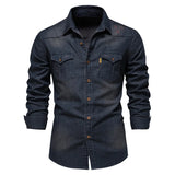 WIAOFELLAS  -  Spring Long Sleeved Men's Denim Shirt, High-quality Cotton Stretch, Fashionable, Casual, Slim Fit, Streetwear, Commuting Shirt