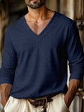 Wiaofellas  -  Autumn New Men's Plaid Pattern Jacquard Fabric V-neck Casual Sports Off-shoulder Sleeve Long-sleeved T-shirt