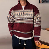 Wiaofellas  -  Fall Winter New Casual Men's Knit Jumpers Vintage Pattern Print Knitting Sweater Tops Men Fashionable Lapel Zipper Sweater