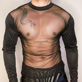 Wiaofellas  -  Spring Summer Party Fashion Mens Mesh Tops Nightclub Sexy Transparent Pure Color T Shirt Men New Casual Hollow Out T-shirts