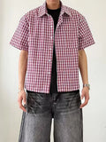 Wiaofellas  -  Trendy Mens Short Sleeve Shirt Tops Spring Summer Vintage Plaid Printing Shirts Men Casual Button-up Turn-down Collar Shirt