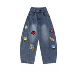 Wiaofellas  -  Spring Floral Appliques Washed Y2K Baggy Jeans For Men High Street Fashion Wide-Leg Denim Trousers New Hip Hop Straight Jean