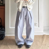 Wiaofellas  -  Autumn Blue White Striped Pleated Straight-Leg Pantalones Man High Street Fashion Baggy Trousers Casual Cleanfit Y2K Pants