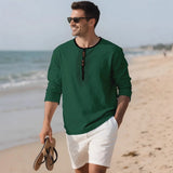 WIAOFELLAS  -  95% Linen Shirt Mens Patchwork Henry Collar Long Sleeved Pullover Top Spring Autumn Casual loose sports shirts Tee Streetwear