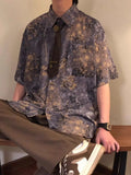 Wiaofellas  -  New Chinese Sle Danon Print ort Sve irt Men's Summer American Retro Loose Purple irt Polyester Fiber Casual Wear