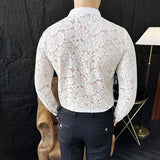 WIAOFELLAS  -  Sexy Men's Mesh See Through Fishnet Lace Shirts Long Sleeved Slim Fit Transparent Shirt for Men Nightclub Prom Camisa Masculina