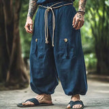 Wiaofellas  -  Retro Men Casual Pure Cotton Lantern Pants Solid Color Elastic Waist Trendy Loose Pocket Pants Trousers Men Ethnic Streetwear