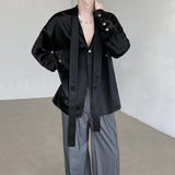 WIAOFELLAS  -  Summer Men's Solid Color Ribbon Casual Shirts Fashion New Long Sleeves Single Button V-neck Tops Male