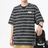 Wiaofellas  -  Summer new men's casual striped short-sleeved T-shirt pure cotton loose base shirt