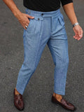 Wiaofellas  -  SS Men's Italian Neapolitan Suit Trousers,Woven Double Pleat Pocket Button High Waist Straight Leg Business Casual Pants