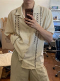 Wiaofellas  -  American Sle High Street Cuban V-Ne Embroidered Striped irt Men Women Summer INS Hong Kong Sle Hawaii ort Sve Top