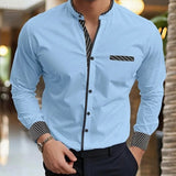 Wiaofellas  -  Men's Mandarin Collar Long Sleeve Shirt Slim Fit Casual Business Shirt With Striped Cuffs and Pocket Detail