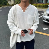 WIAOFELLAS  -  Men T Shirt Solid V Neck Long Sleeve Pockets Men Clothing Streetwear Loose Fashion Casual Male Tee Tops Translucent
