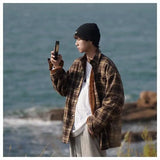 WIAOFELLAS  -  American retro plaid shirt men's autumn and winter thickened and fleece warm, trendy loose and casual long-sleeved shirt jacket