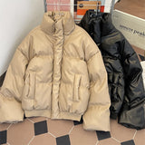 Wiaofellas  -  Men's Winter Thiened PU Leather Cotton Jacket Loose Fit Stand Collar American Retro Style Warm Outerwear Coat for Teens