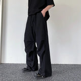 Wiaofellas  -  Retro Mens Casual Linen Pants Wide Leg Baggy Oversized Draped High Waist Plain Long Trousers Male Black Apricot