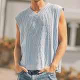 WIAOFELLAS  -  Men's Color Matching Knitted Sleeveless Vest Retro Fashion Trend Simple Casual Loose Breathable 2025 Summer New Men's Tops